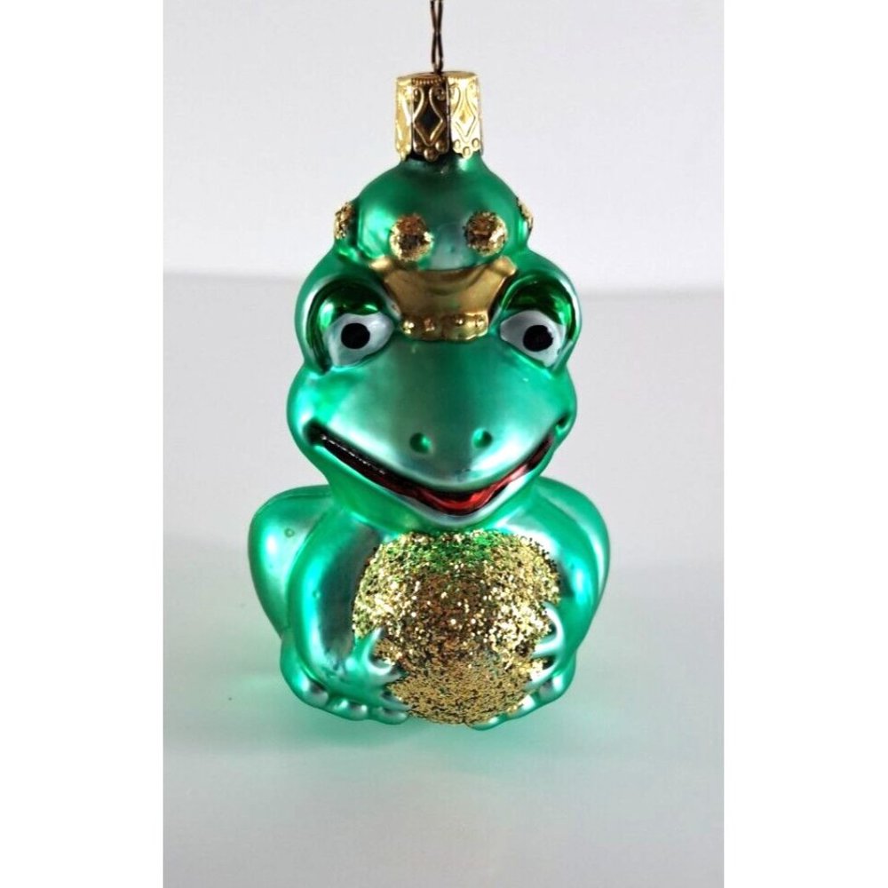Blown Glass Inge Frog King Christmas Ornament Green Gold Crown Germany Retro